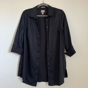 Chico's Black Button Down Shirt Size 1 Cotton Wrinkle Resistant Workwear Blouse